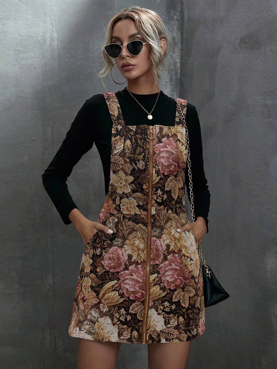 SHEIN Unity Váy ngắn Jacquard thêu hoa văn thời trang thu đông cho nữ, váy ngắn Jacquard cỡ lớn cho nữ - màu nâu - Xem 1