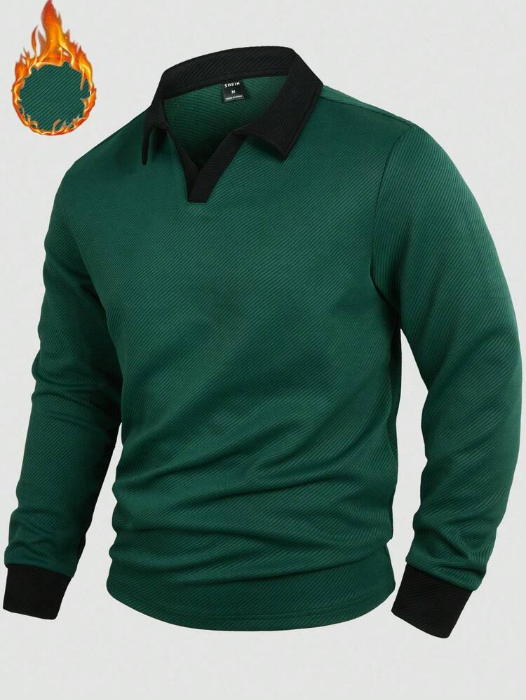 Manfinity Homme Men Casual Commuting Contrast Color Long Sleeve Polo Shirt, Fashion Long Sleeve Black And Green Shirt, Daily Leisure, Weekend Trips, Outdoor Activities, Travel Expeditions, Relaxed Work Environments Or Semi-Formal Occasions,Boyfriend/Husband Gift, Anniversary Gift, Fall - Dark Green - View 4