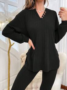 1 Set Women Solid Color Textured Half-Zip Long Sleeve Top And Pants Loungewear Set, Winter Clothes - Black - View 4