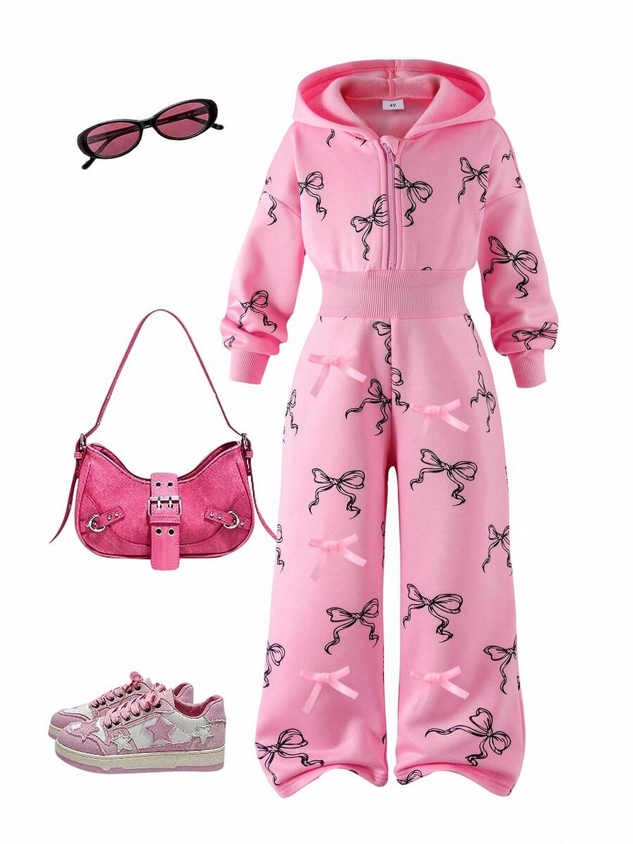 Sparklyn Girls' Casual Everyday Sports Pink Bow Print Long Sleeve Hooded Zip-Up Jumpsuit, Comfortable Waist-Cinched Minimalist Chic Girl Romper For Spring Autumn 90s Kids Outfit Cherry Outfit Pink Girl Outfit Pop Star Outfit Kids - Pink - View 1