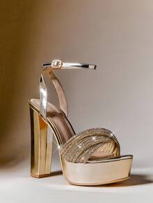 SHUZIA Giày sandal đế bệt đế vuông quai ngang mắt cá chân thoải mái thời trang nữ, màu vàng - Vàng - Xem 3