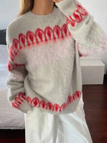 DAZY Women's Ombre Jacquard Loose Fit Crew Neck Long Sleeve Elegant Knit Sweater, Autumn/Winter