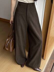 DAZY 女式纯色纽扣拉链休闲百搭阔腿裤 - 咖啡棕 - 查看 6