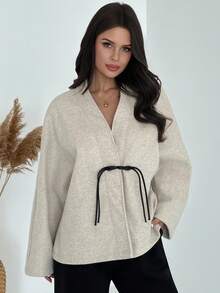 Firerie 女士优雅简约通勤日常新款时尚V领撞色纽扣蝙蝠袖卡其色大衣，秋冬女装，女士冬季外套，女士冬季夹克 - 卡其色 - 查看 4