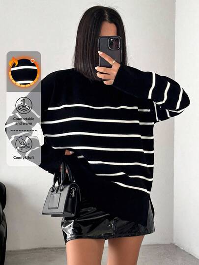 EURMUSE Striped Pattern Drop Shoulder Sweater