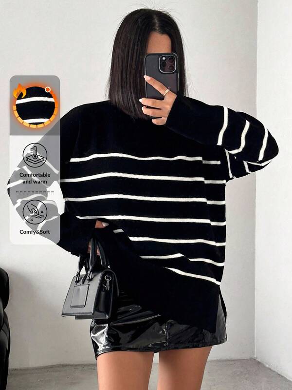 EURMUSE Striped Pattern Drop Shoulder Sweater