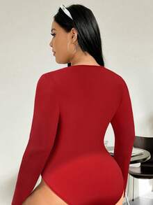 SHEIN PETITE CURVE Body de manga larga de unicolor para mujer de talla grande - Rojo - Ver 5