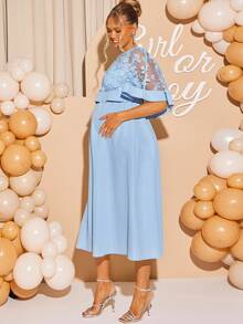 Loomaby 2pcs Maternity Elegant Party Floral Mesh Overlay Top And Dress Set - Blue - View 6