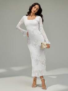 Modelyn Váy dài vừa phải co giãn vải jacquard thanh lịch thời trang dành cho nữ - trắng - Xem 7