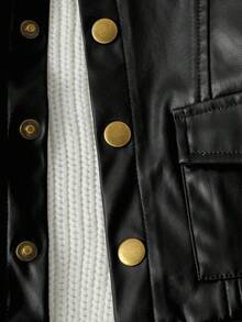 SHEIN Baby Boy Leather Patch Pocket Lapel Casual Jacket, Fashionable And Cool, Suitable For Autumn/Winter, Suitable For Daily Outings, Vacations, Parks, And Photography Baby Boy Biker Jacket Baby Boy Leather Jacket Baby Coat Baby Jacket Coats Winter Jacket Fall Winter Baby Boy Fall Winter - Black - View 6