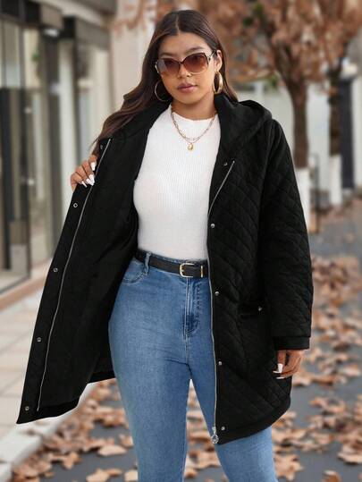 SHEIN Plus Size Casual Lösa Zip-Up Långärmade Vinterjackor för Friluftsbruk