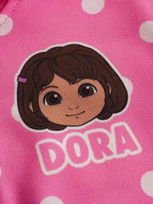 DORA | SHEIN 2 pièces/Set Jeune fille Décontracté Mignon Pois & Personnage de Dessin Animé Graphique Veste à Capuche Zippée à Manches Longues Rose & Legging Ajusté Décoré d'un Nœud