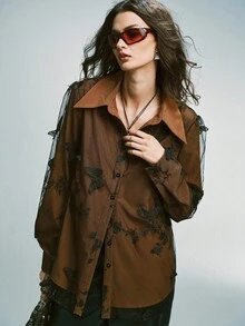 Airlisse Women's Solid Color Lace Crochet Patchwork Stand Collar Long Sleeve Blouse