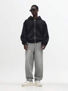 SUMWON 宽腿宽松牛仔裤经典宽松牛仔裤休闲街头风秋冬时尚原色织边浅灰色 - 灰色 - 查看 3