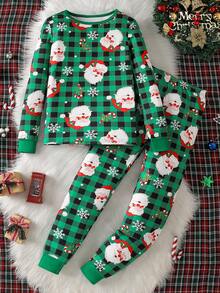 2 件青少年男童格子圣诞元素柔软舒适贴身圆领长袖睡衣套装 - 綠色 - 查看 1