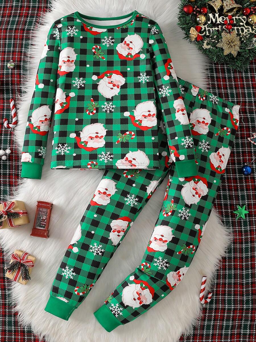 2 件青少年男童格子圣诞元素柔软舒适贴身圆领长袖睡衣套装 - 綠色 - 查看 1