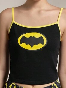 BATMAN X SHEIN Women's Summer Bat Print Trim Camisole Top And Pants Pajama Set Printed Pajama Set Tank Top Pajama Set Tank Top Pj Set One Piece Pajama For Women - Black - View 7