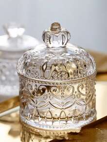 1pc Luxury, Vintage, High-End Glass Makeup Display Tray, Crown Shaped Embossed Vintage Crystal Container, Coffee Glass Candy Storage Jar, Airtight Canister,For Holiday Beach, Bathroom Collection, Bedroom Collection, Large Capacity - Multicolor - View 3