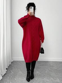 Elenzga Christmas Plus Size Thick Knitted Long Dress, Loose Solid Color Sweater Dress With Drawstring - Burgundy - View 3