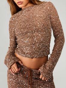 MISSGUIDED Top de manga larga con espalda abierta, de punto con lentejuelas, para uso en fiestas, clubes y ocasiones especiales, con acabado metálico para uso en festivales y días festivos - Café integral - Ver 6