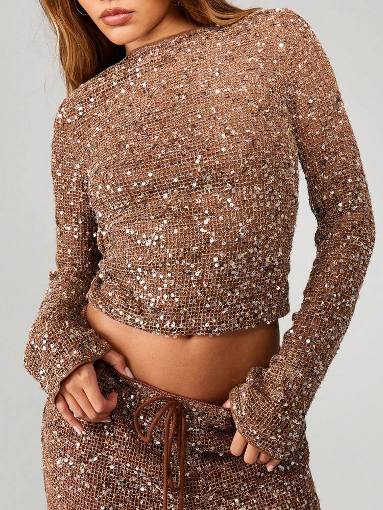 MISSGUIDED Luxurious Sequin Knit Evening Party Club Wear Long Sleeve Open Back Top Metallic Holiday Festival Occasion Wear