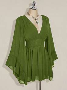 SHEIN ICON Plus Size V-Neck Ruched Waist A-Line Dress With Flare Sleeves, Boho, Hippie, Y2K Style, Suitable For Summer, Nomadic Vibe, Summer Vacation, Music Festivals, Graduation & Back To School Season/Fall/Winter