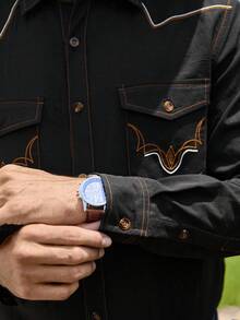 Manfinity Nomadique 男士刺绣设计单排扣休闲长袖衬衫，秋季 - 黑色 - 查看 3