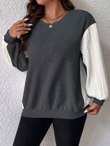 SHEIN CURVE+ Plus Size Contrast Color Patchwork Cable Knit Sleeve Sweatshirt Winter - Grey - View 7