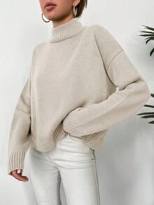 EURMUSE Women's High Collar Long Sleeve Casual Solid Color Simple Sweater - Beige - View 5