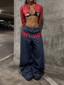 StreetHx 女式字母印花口袋阔腿宽松休闲牛仔裤 - 深色水洗藍 - 查看 4