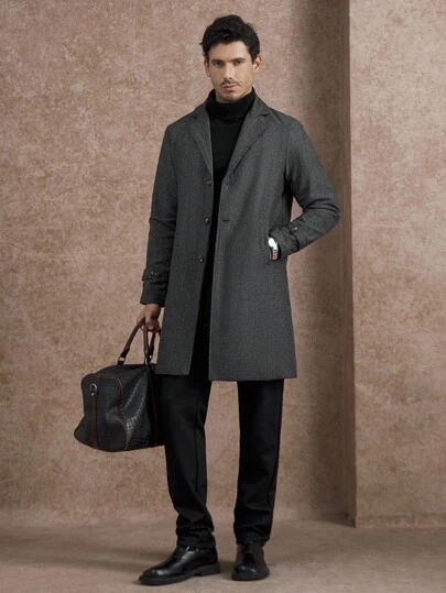 Core Aspect 男士休闲纯色缺角领单排扣夹克，2025秋季新款男士秋冬经典款长款风衣外套，男士秋冬外出服装，男士人字纹风衣外套，男士长款外套，休闲简约风，都市成熟风，英伦绅士风，意式优雅风，商务休闲风，北欧极简风