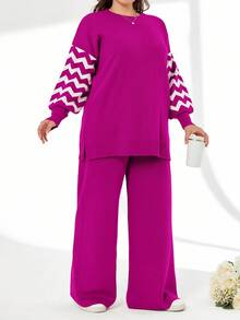 Striped Color Block Sweater And Pants Two Pieces Set - Hot Pink - View 5