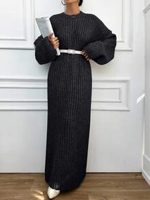 EURMUSE Women's Casual Solid Color Round Neck Long Sleeve Sweater Dress - Dark Grey - View 3