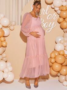 Loomaby 孕妇拼接网眼圆领长袖连衣裙 - 粉色 - 查看 5