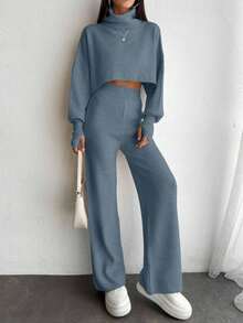 EURMUSE 2pcs Women Solid Color Lantern Sleeve Sweater And Knitted Long Pants Set,Petite,Winter Clothes - Baby Blue - View 5