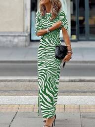  EMERY ROSE Women's New Christmas And New Year Zebra Print Slim Fit Long Sleeve Green Dress, With A Single Slit At The Hem, Suitable For Occasions Such As Thanksgiving, Christmas, Travel, Street Style, Formal Events, Meetings, And Winter Layering.