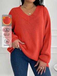 EURMUSE Plus Size Solid Color V-Neck Casual Pullover Sweater - Burnt Orange - View 1