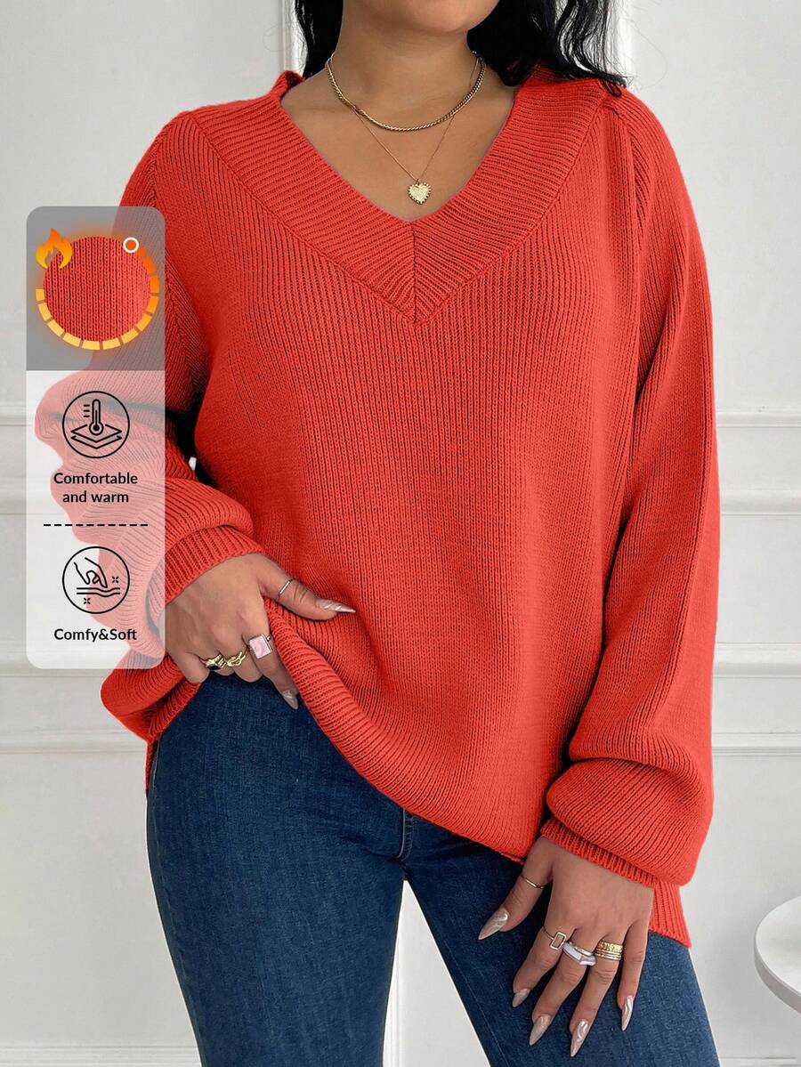 EURMUSE Plus Size Solid Color V-Neck Casual Pullover Sweater - Burnt Orange - View 1