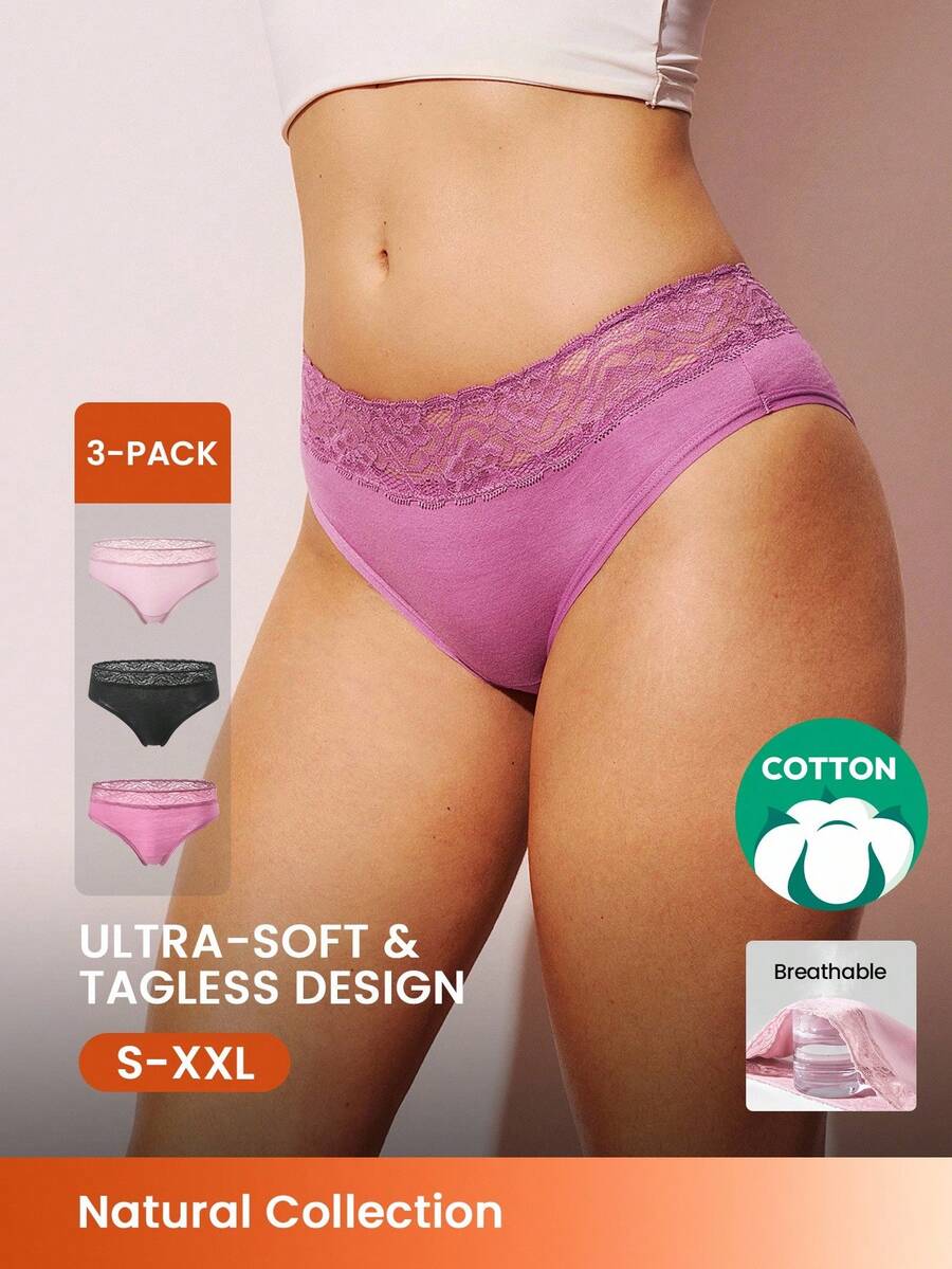 LUVLETTE 3-Pack Lace Trim Soft Cotton Mid-Waist Briefs Women Underwear Panties Set-Ice Blue