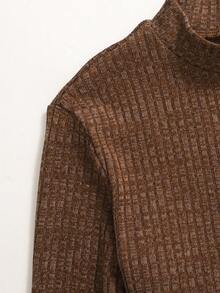 2pcs Tween Girl Solid Color Knit Cropped Polo Neck T-Shirt And Flared Pants Set - Mocha Brown - View 5