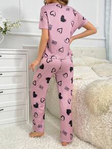 Heart Print PJ Set / Pajama Set - Multicolor - View 2