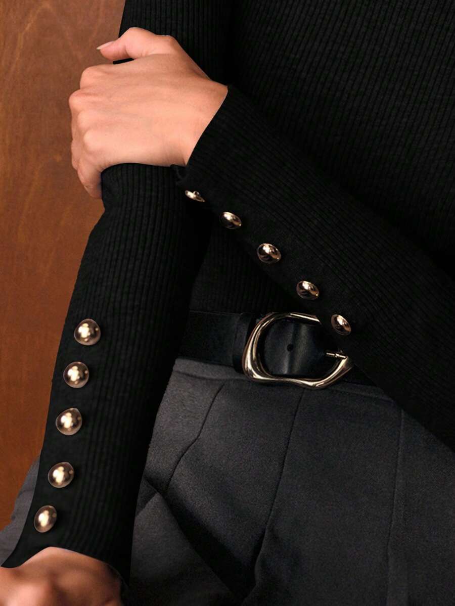 MOTF PREMIUM MINIMALIST METAL BUCKLE DECOR BASE LAYER SWEATER - Black - View 2