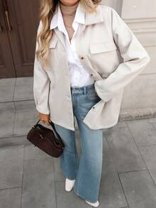 SHEIN LUNE Women's Casual Solid Color Long Sleeve Utility Pocket Jacket, Autumn/Winter Cream Outfit Women Shackets For Women White Jacket For Women Neutral Clothes For Womenfall Clothes For Women Winter Clothes For Women Business Casual Woman Work Outfits For Women Women's Winter Jacket