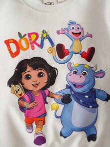 DORA | SHEIN 2 pièces/Set Jeune fille Mignon Dora Dessin animé Graphique Col rond Manches longues Sweat-shirt et Leggings ajustés Élastiques Imprimé Lettre Tricot Sport Décontracté Tenue Extérieure
