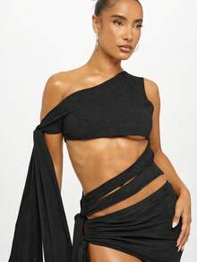 SUMWON WOMEN 不对称单肩短款上衣高级时尚镂空设计垂坠侧系带无袖俱乐部服装派对节日晚会 - 黑色 - 查看 5