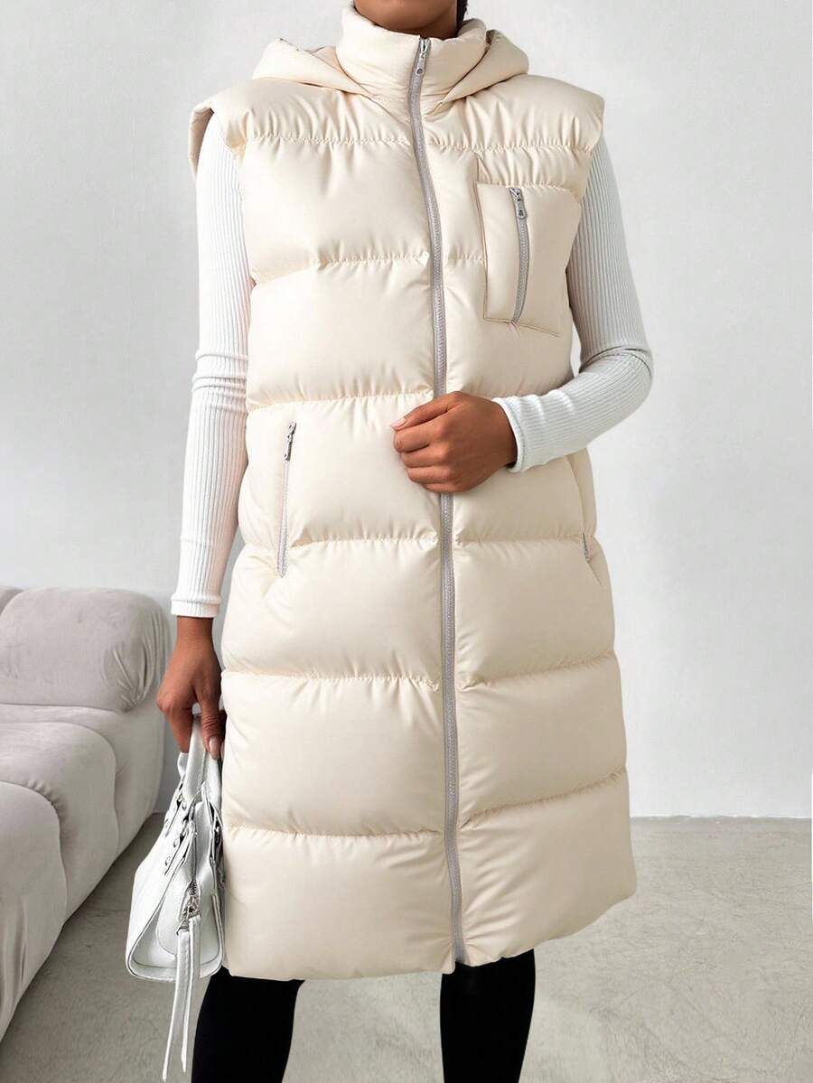 RueChic Zip Up Hooded Puffer Vest Coat - White - View 1