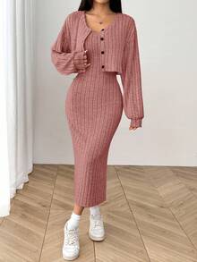 SHEIN EZwear 女式秋季新款罗纹针织落肩纽扣前襟夹克和修身中长连衣裙套装 - 藕粉色 - 查看 4