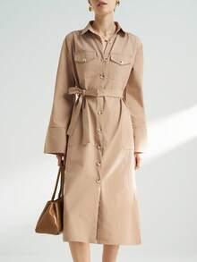 Airaco Women's Casual Button-Up Tie-Waist Midi Dress - Apricot - View 3