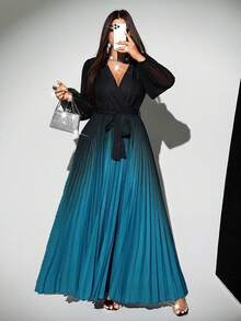 Viva Relle 大码女式优雅渐变色交叉领雪纺透明袖系带蝴蝶结褶皱连衣裙，百搭设计，适合派对、外出 - 彩色 - 查看 6