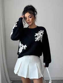 SHEIN Elenzya 女式刺绣圆领落肩长袖宽松针织毛衣，秋冬 - 黑色 - 查看 4
